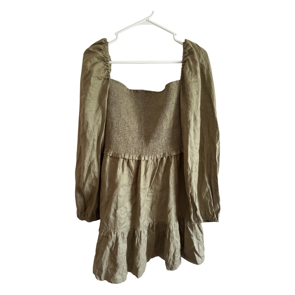 Quince 100% European Linen Smocked Olive Mini Dress Boho Cottagecore Dress Sz XL